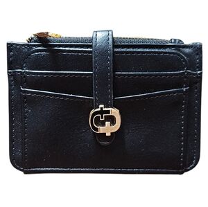 Black Faux Leather Slim Card Holder Wallet with Gold Hardware & ID Window